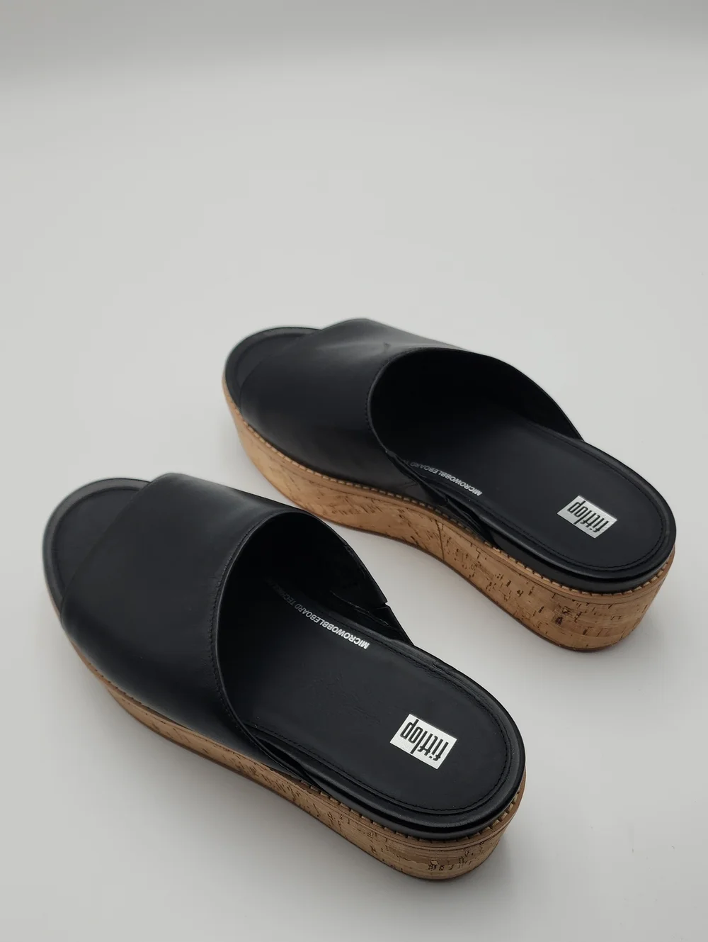 NWT FitFlop Eloise Cork-Wrap Black Leather Wedge Slides  Size 11